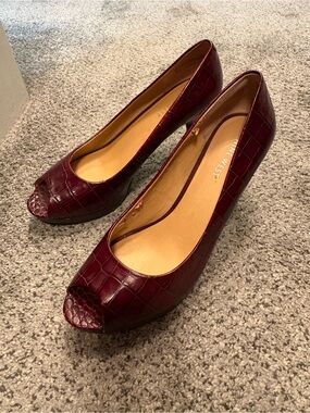 Nine West Wine Croc-Embossed Peep-Toe Pumps with Hidden Platform